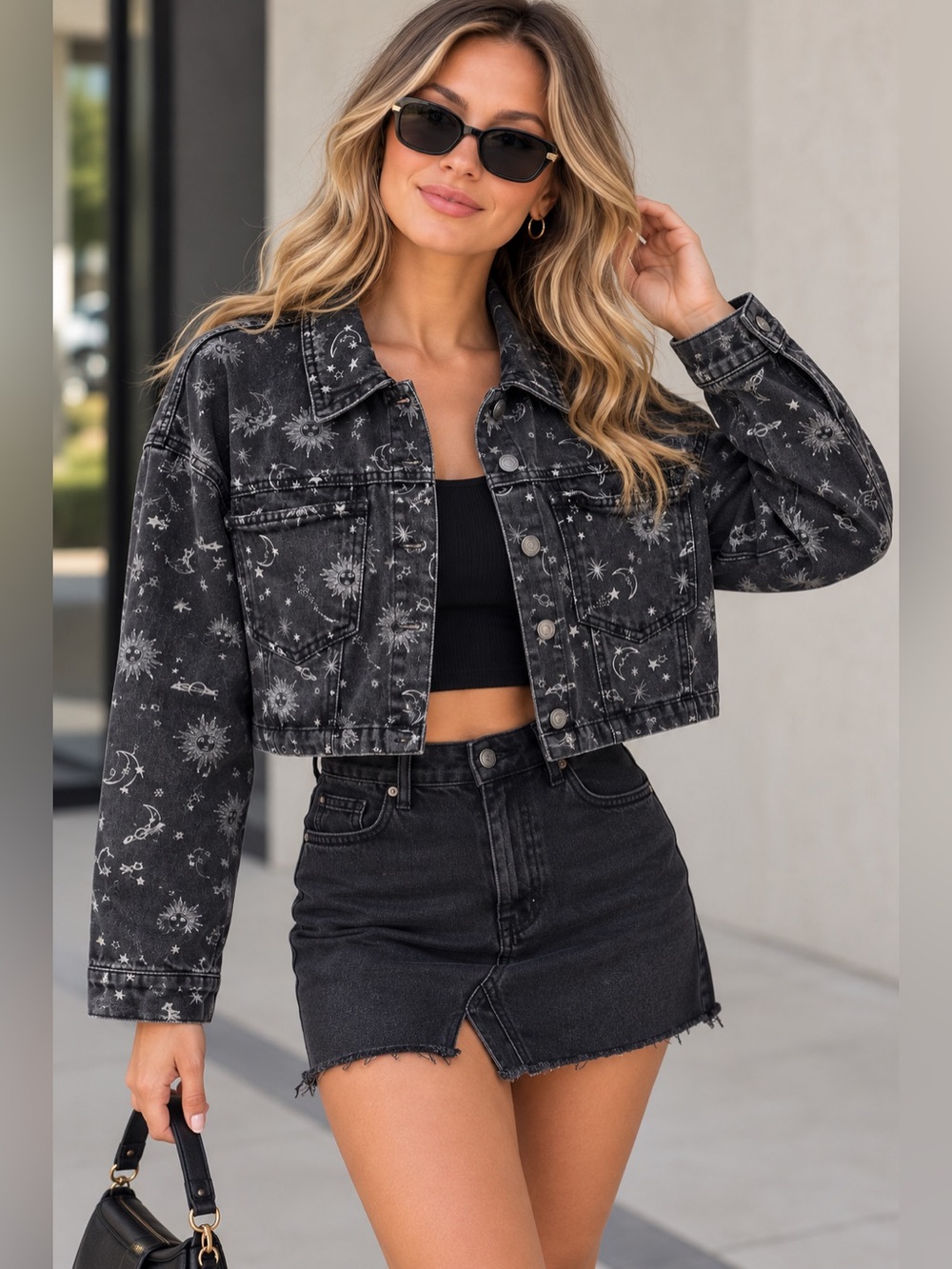 STOOSH Vintage Denim Cropped Jacket Celestial Sun Moon Star Print Size L